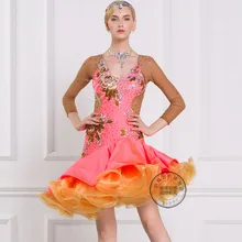 Новая Лоскутная оранжевая розовая пачка с длинными рукавами, сетчатая Румба ча-ча, сальса танго, конкурс латиноамериканских танцев, платье Rihinestone