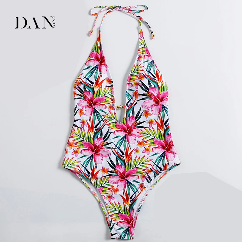 

DANENOY One Piece Swimsuit Women V Neck Printed Bikini Flower Frenulum Suits Summer Beach Wear Female Bodysuit Monokini BO133