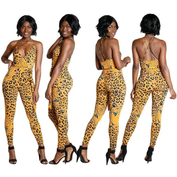 

Summer Leopard V-neck Halter Jumpsuit Spaghetti Strap Sexy V-neck Nightclub Party Tight Jumpsuit Ankle-length N091-1