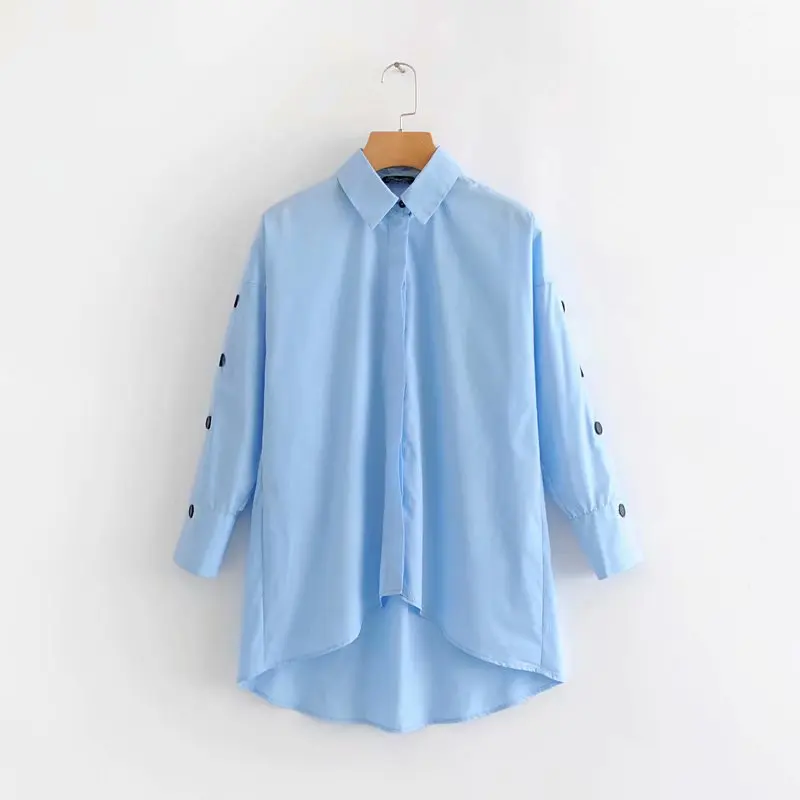 

2018 women vintage sleeve buttons decoration sky blue loose blouse chic shirt women brand business femininas blusas tops LS2627