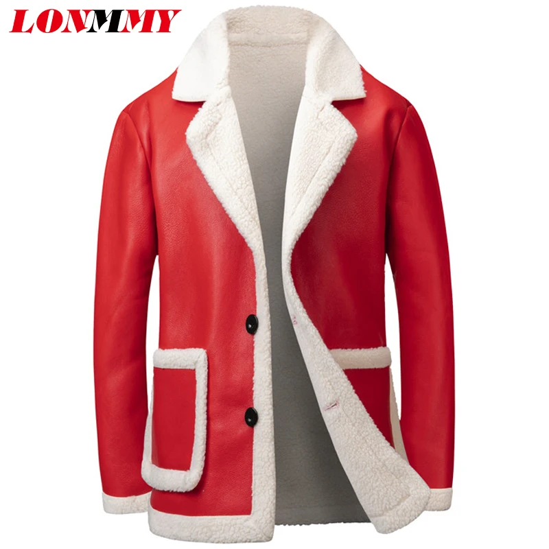 LONMMY 4XL Winter bomber jacket men Overcoat Suede PU Plush liner Leather jacket men fur coat men clothing Red Black Suit style