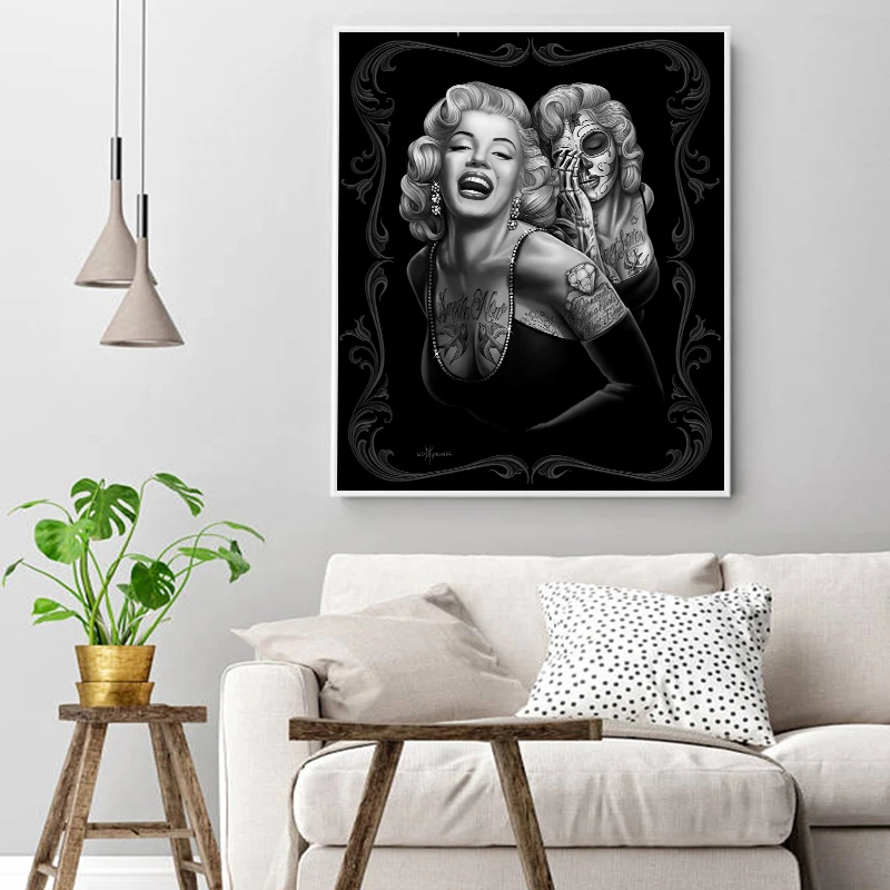 Портретный плакат, Картина на холсте, татуировки Мэрилин Монро, сексуальные абстрактные черные женские настенные художественные картины для декора гостиной, Куадрос