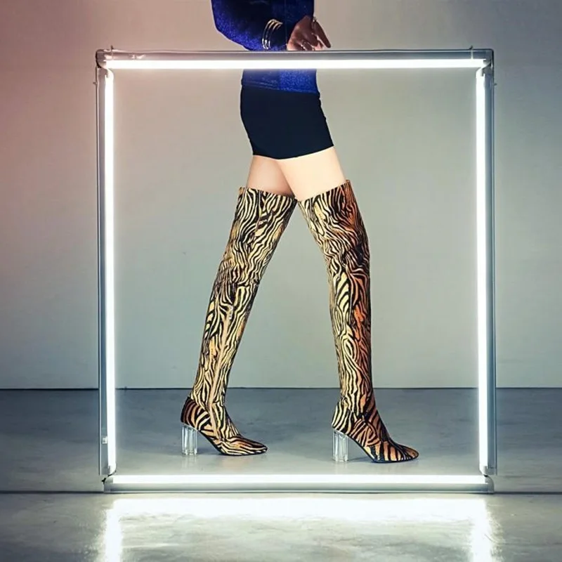 

Tiger Print Clear Heel Boots Cow Suede Over The Knee Boots Pointed Toe Chunky Heel Women Shoes Winter Comfortable Long Boots New