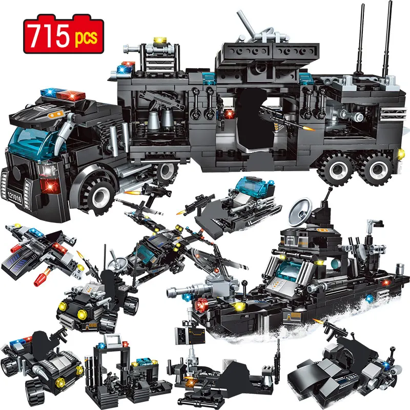 

715PCS SWAT Truck Building Blocks City Police Station Ship Helicopter Figures Bricks sets Educational Toy For Children boys gift