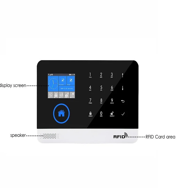 English German Switchable Wireless Home Security WIFI GSM GPRS Alarm system APP Remote Control RFID card Arm Disarm