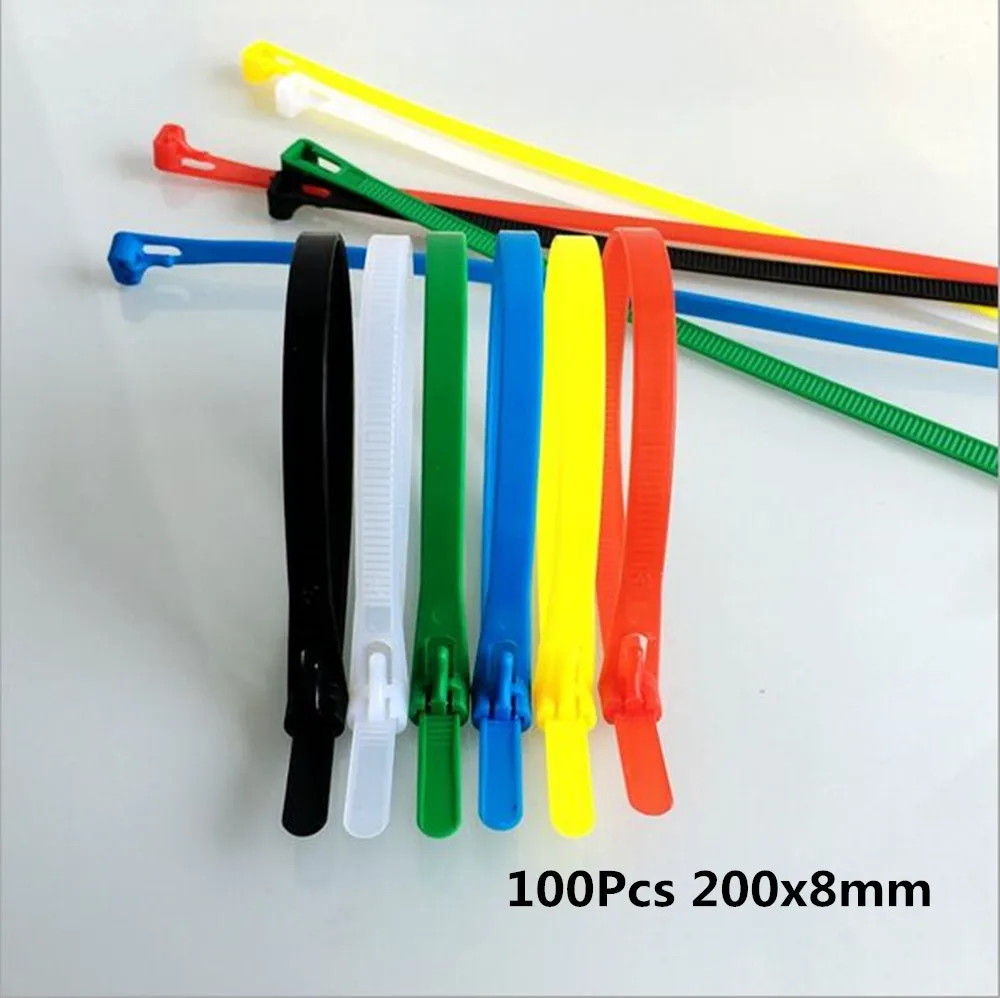 

100 pcs 8x200 8*200 width 7.6mm White BLack color may loose nylon cable ties slipknot tie Releasing number reusable packaging