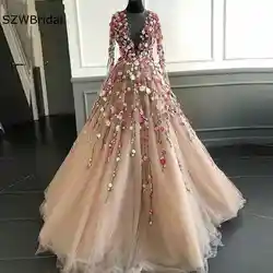 Довольно Вечерние платья цвета шампана 2019 Иллюзия Полный рукава Coloful 3D цветок A-Line фатиновые платья для выпускного вечера Вечернее платье