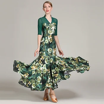 

Rose Printing Women Ballroom Dance Competition Dresses Waltz Rumba Dancing Clothes For Performance Standard Dance Outfit DC1191