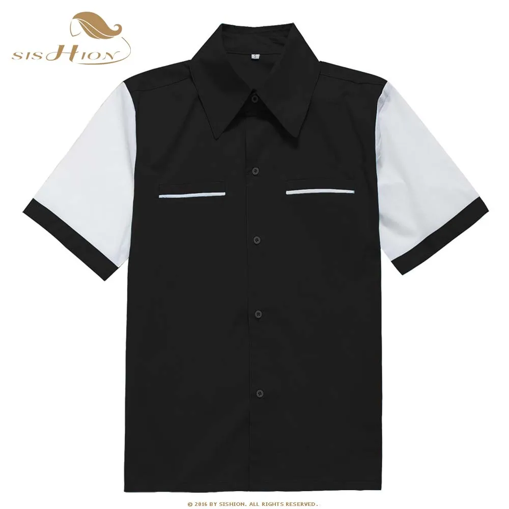 SISHION Classic Retro Rockabilly Shirt ST112 Black Vintage Button Up Short Sleeve Men Shirt chemise homme