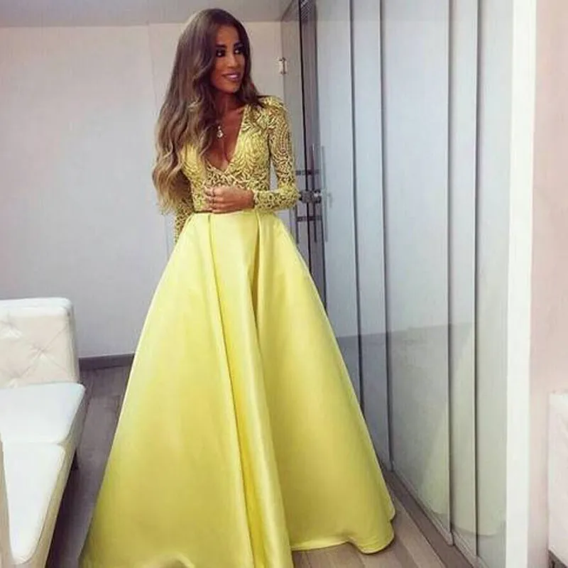 Bright Yellow Lace Gown Deep V Neckwedding Dress Long Sleeve