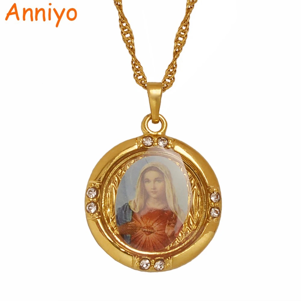 Anniyo Wholesale Lucky Gold Color Enamel Blessed Virgin Mary Pendants & Necklaces Chain Women