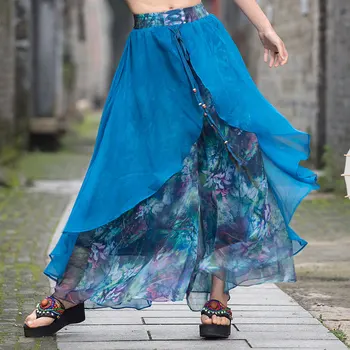 

Pantalones mujer pantalon femme 2020 women autumn spring ethnic hippie long blue print patchwork wide leg pant trousers