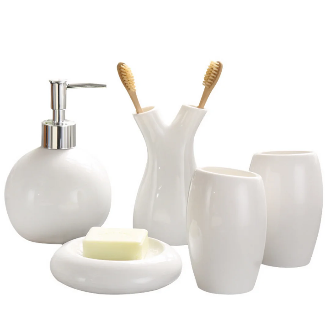 

European Style 5Pcs Ceramic Bathroom Toiletries Soap Dispenser Toothbrush Holder Soap Fish Cup Set Bathrooms Accessories LFB283