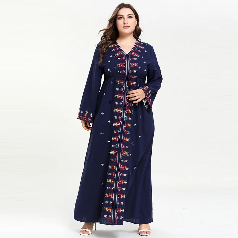 Женское мусульманское платье с вышивкой, v-образный вырез, кафтан Марокканская абайя, большие размеры, исламское платье с расклешенными рукавами, темно-синий M-4XL