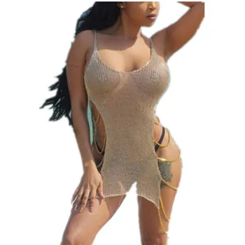 

ITFABS Sexy women Knitted Beach Cover up Saida de Praia Swim suit hollow cover ups Beach Tunic for Women Crochet Bikini Dress