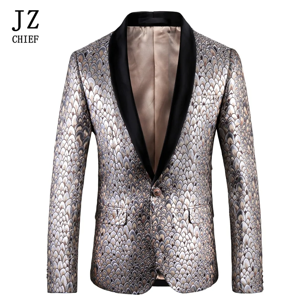 

JZ CHIEF Unique Design Blazer Men Fish Scaly Pattern Tuxedo Slim Dress Suit Stage Costumes Jacket One Button Shawl Lapel Coats