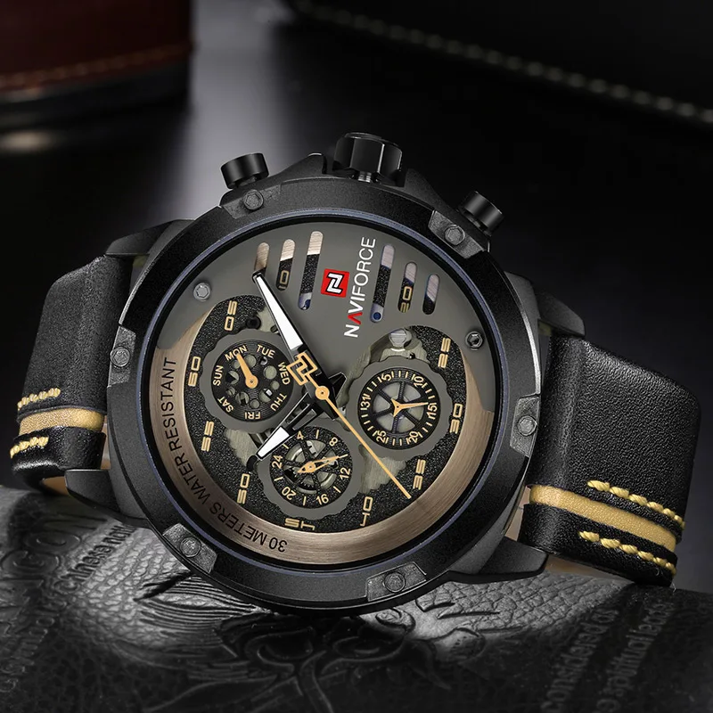 NAVIFORCE Мужская Мода Спортивные часы Водонепроницаемый кожаный ремешок Творческий аналоговый Кварцевые наручные часы Для мужчин часы Relogio Masculino - Цвет: BlackYellow