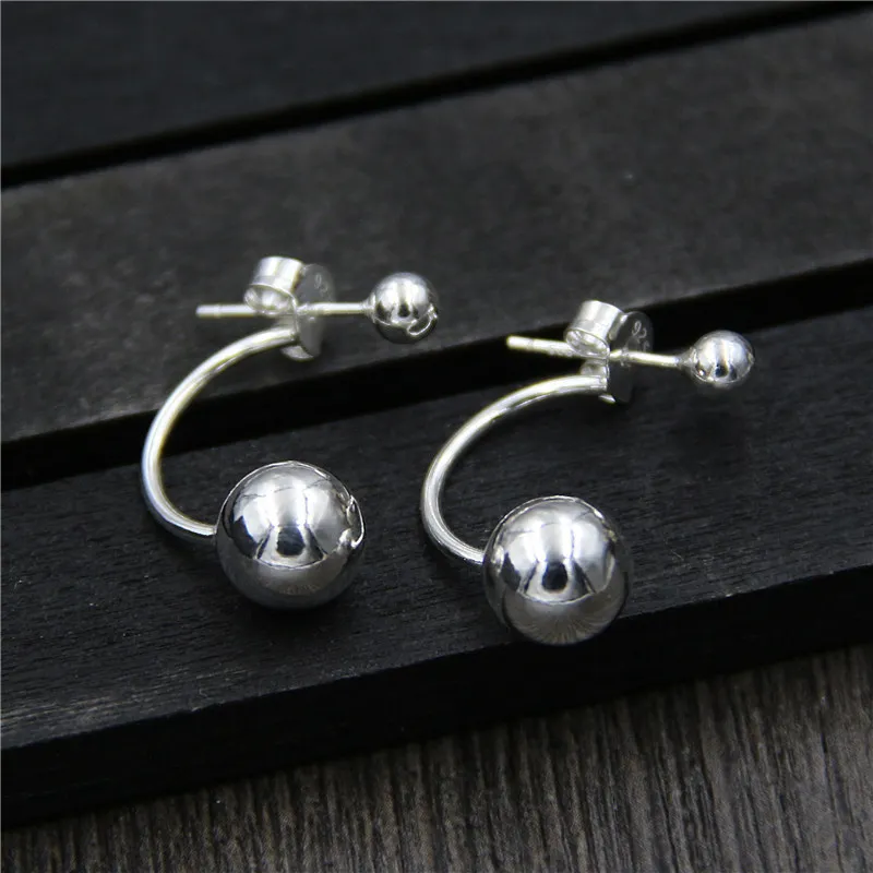 

C&R Real 925 Sterling Silver earrings for women Round beads Earrings polishing silver simple female Fine Jewelry