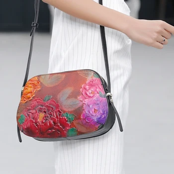 

Chinese Style Women Shoulder Bag Flower Pattern Vintage Zipper Flap Genuine Leather Top Leather Crossbody Ladies Party Messenger