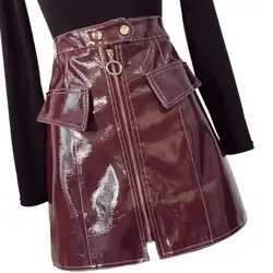 2018 новые модные Высокая Талия молнии A-Line Мини-юбки Для женщин из лакированной pu искусственной кожи юбка осень-зима