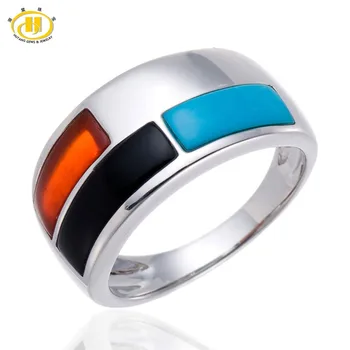 

Hutang Gemstone Onyx Turquoise Agate Wedding Ring Solid 925 Sterling Silver Men Women Fine Stone Jewelry Free Shipping New