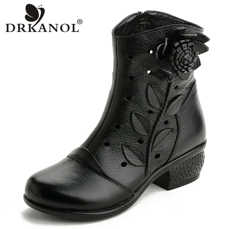 

DRKANOL Genuine Leather Women Boots Black Round Toe Zipper Hollow Summer Breathable Square Heel Ankle Boots Women Casual Shoes