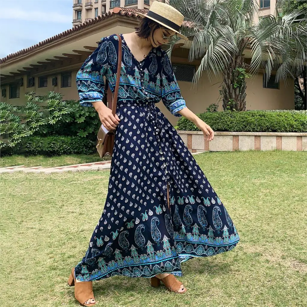 

Jastie Boho Chic Long Maxi Dress Floral Print Vintage Dresses V-Neck 3/4 Sleeve Spring Summer Dress Women Clothing 2019 Vestidos