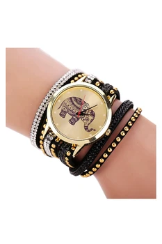 

YCYS!Women Elephant Dial Rivets Multi Layers Faux Leather Wrap Wrist Watch Black