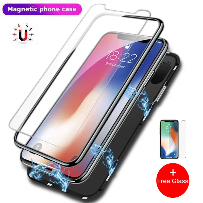 

Magnetic Absorption Phone Cover Case Magnet For IPhone X XS MAX XR 8 7 6 6S Plus Cases Metal Magnetic Clear Tempered Glass Cover