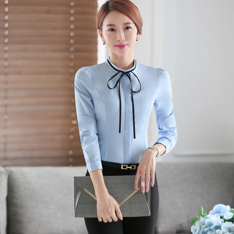 

O-Neck collar Autumn wear long sleeve Sky blue women tie bow blouse shirt female casual style elegant fashion slim tops