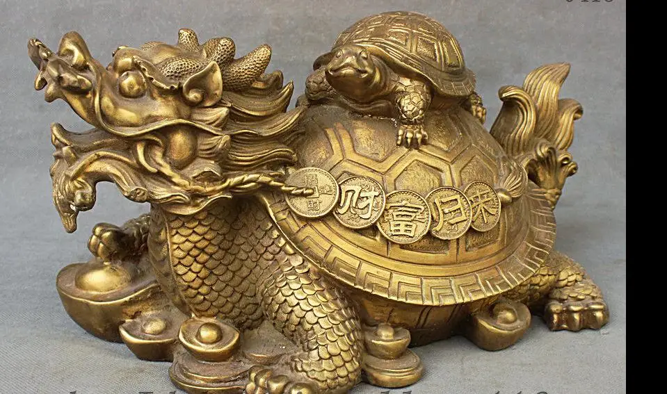 

671116505+++15 Folk China Brass FengShui Longevity Dragon Turtle Tortoise Wealth Coin Statue
