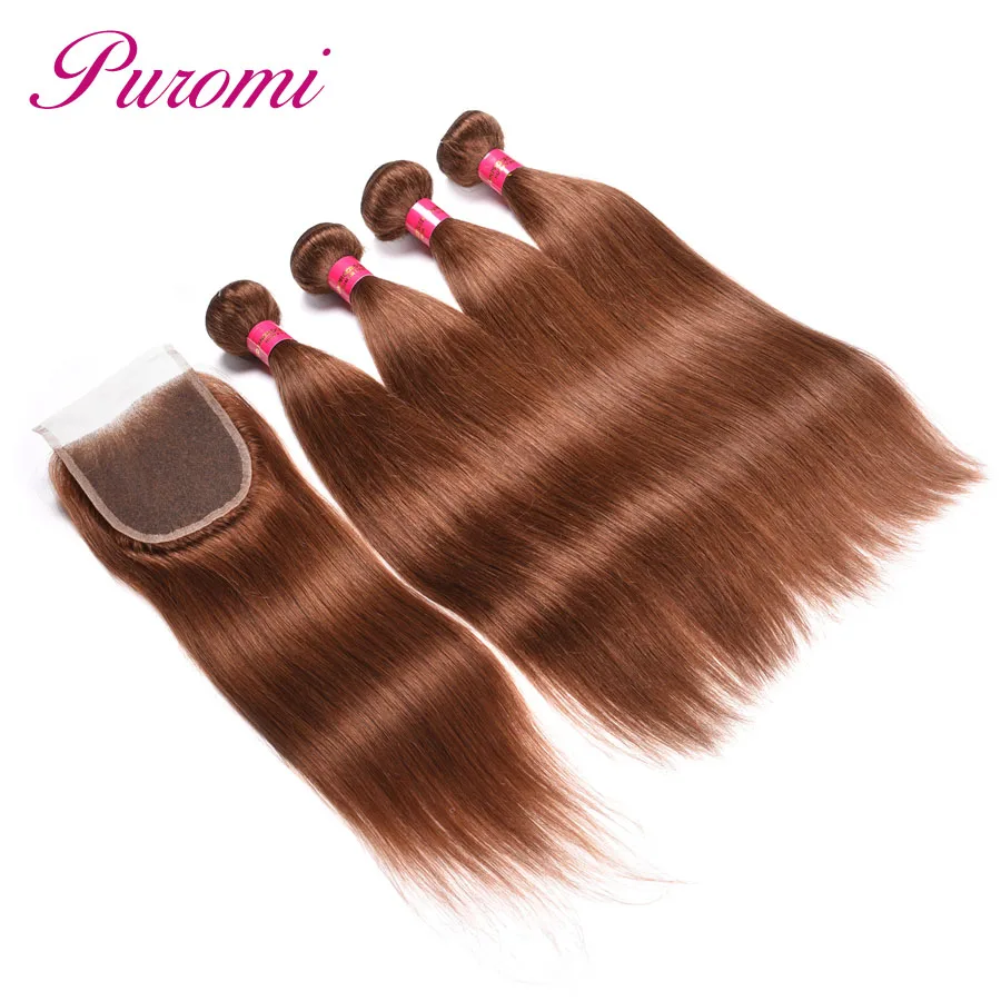 Индийские прямые волосы Puromi 3 пучка с закрытием кружева светло-коричневый чистый цвет #30 не Реми 100% человеческих волос Бесплатная доставка