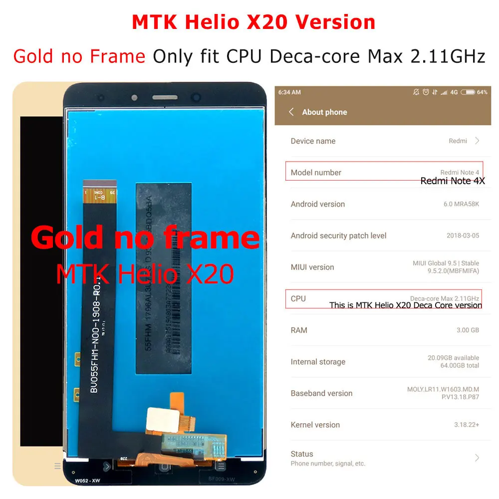 Экран на Xiaomi Redmi Note 4 ЖК-дисплей с сенсорным экраном дигитайзер в сборе для дисплей Xiaomi Redmi Note 4X экран Рамка запасных частей - Цвет: MTK Gold