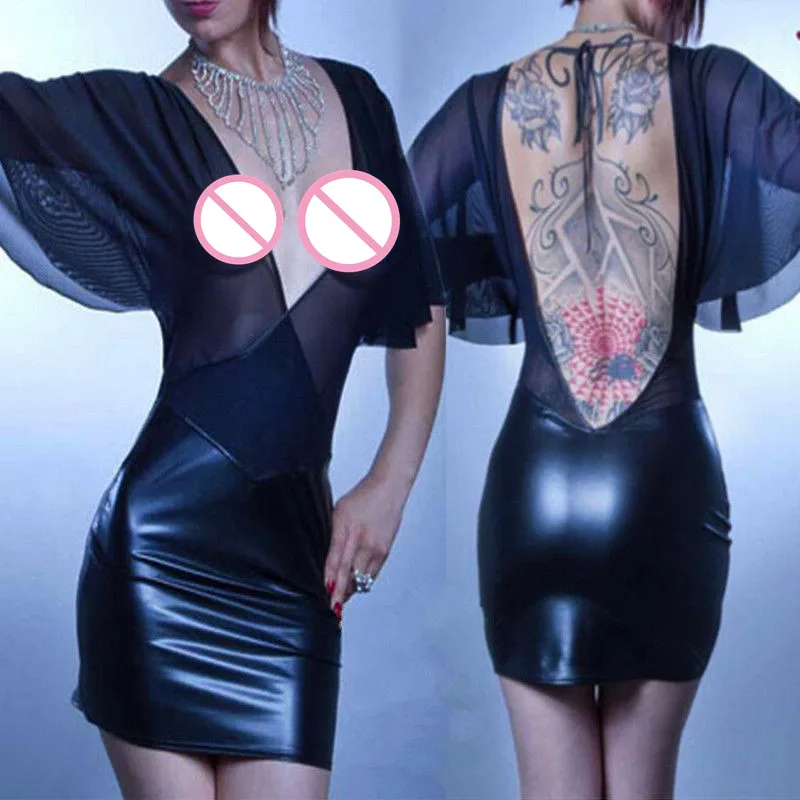

Women Sexy Faux Leather Latex Dress Erotic Deep V-Neck Backless See Through Black Transparent Mesh Dress Fetish Clubwear Dress