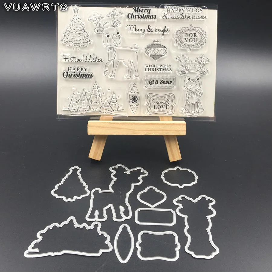 

VUAWRTG Happy Christmas Transparent Clear Silicone Stamp and Metal Cutting Dies for DIY scrapbooking/photo album/Card Making