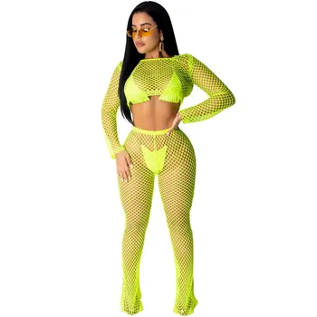 

Women Gauze Grid See Though Two Piece Set Crop Top Wide Leg Pants Outfit Long Sleeve Tracksuit