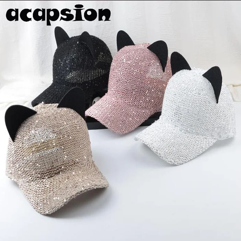 

Acapsion Cat Ear Baseball Cap Paillette Equestrian Cap Female Sports Snapback Golf Boater Beach Sun Hat For Women Visor Chapeau