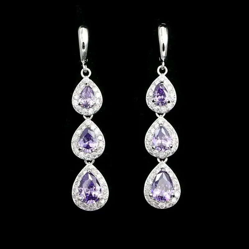 

Water Drop Silver 925 Earrings For Women Purple Cubic Zirconia White Crystal Long Earrings
