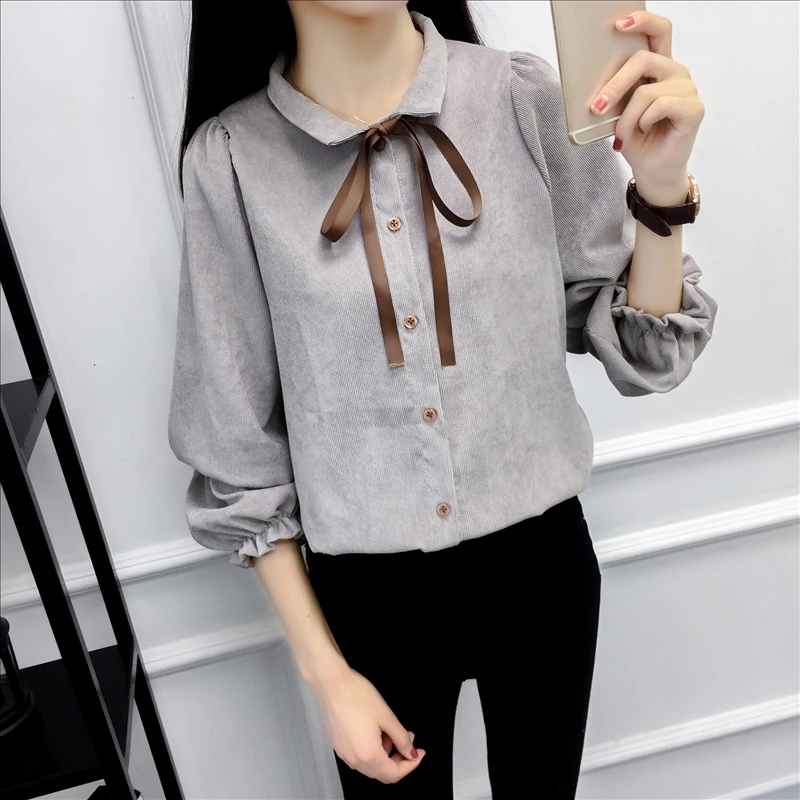 Autumn Long Sleeve Women Shirt Preppy Style Bow Woman Shirt Corduroy Plus Thick Solid Color Women Blouses Turn-Down Collar Top (18)