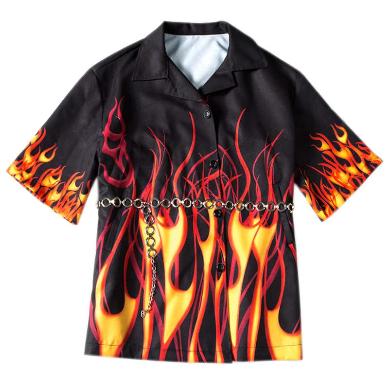 Женская рубашка новая летняя женская рубашка Harajuku Hell Flame рубашка свободная длинная Ретро рубашка с поясом подходящая по цвету рубашка с коротким рукавом
