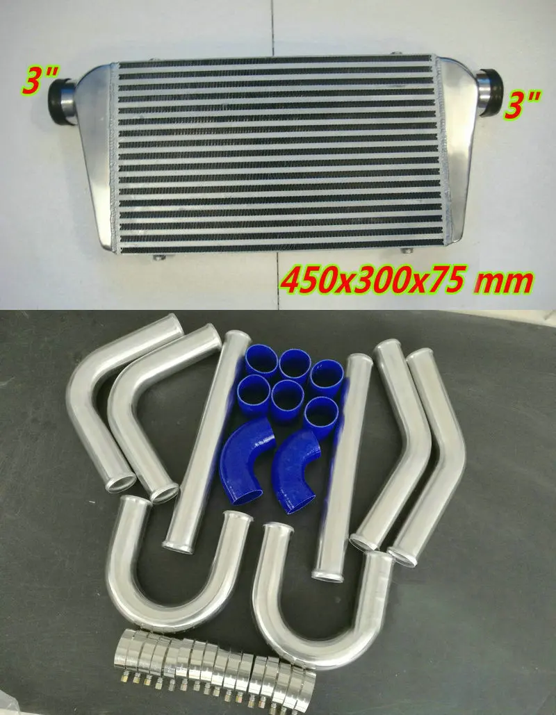 FMIC алюминиевый турбоинтеркулер для 450x300x75 мм в/Out 76 мм " труба трубопровод, труба и Fin+ силиконовый шланг 10" вентилятор спереди крепление