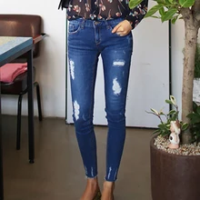 New Arrive Plus Size Hole Middle Waist Elastic Skinny Pencil Lady Pants Ankle Length Blue Color Woman Jeans Band High Quality
