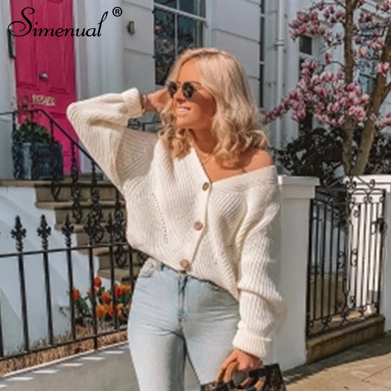 Tanie Simenual Casual Fashion kardigany z dzianiny sweter damski jednolity, w stylu basic jesienne zimowe swetry 2019 długi guzik na rękawie V Neck sweter