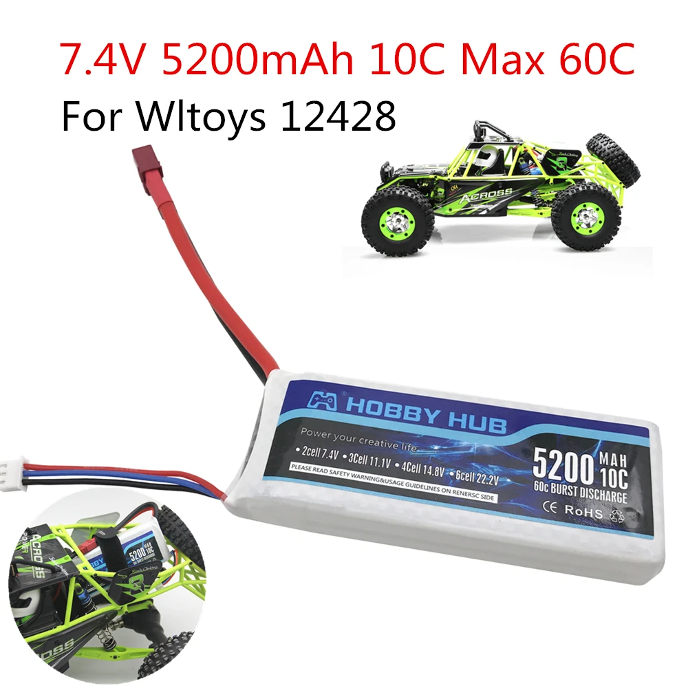 1 шт. Hobby Hub RC Lipo батарея 2s 7,4 V 5200mAh 10C Max 60C для Wltoys 12428 12423 обновленная батарея части для RC лодки автомобиля Lipo