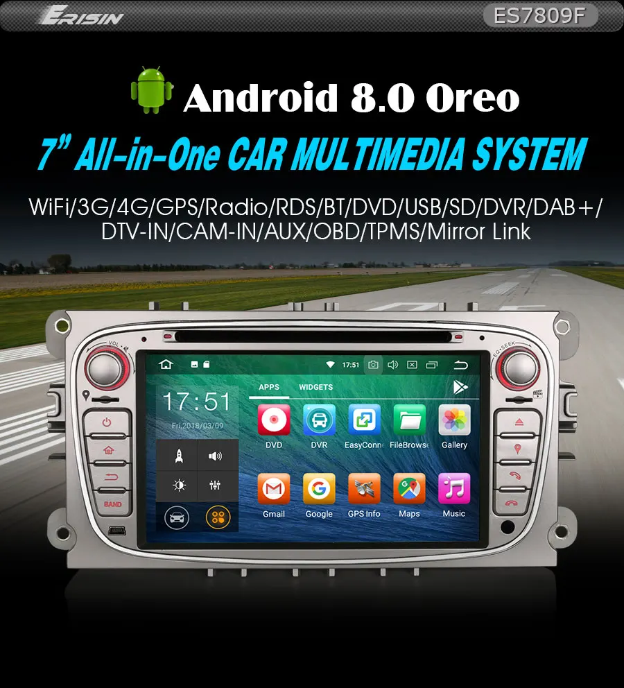 Best Erisin ES7809F 7" Android 8.0 Octa core 4G RAM Car DVD GPS Radio DVR DAB+ DVD For Ford Mondeo Focus S/C-Max Galaxy 7