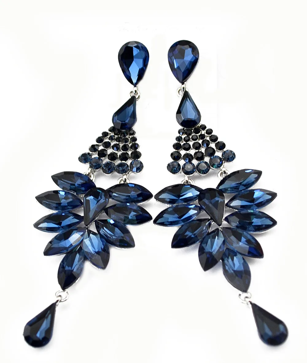 

4 colors vintage silver earrings blue crystal rhinestones flower drop earrings for women long drop earings fashion jewelry