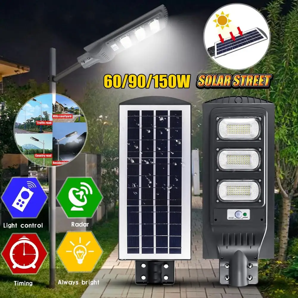 30//60//90W LED Solar Street Light Radar PIR Motion Sensor Wall Timing Lamp+Remote