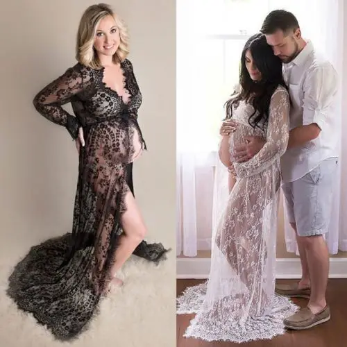 

Maternity Photography Props Pregnancy Fancy Dress Lace Robe Maxi Gown Maternity Dress Split Front Women Long Dress