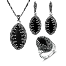 Sistemas de la Joyería de moda Joyería Plateada Plata de La Vendimia Negro Marquise Forma Resina Y Diamantes de Imitación Colgante Del Pendiente Del Anillo