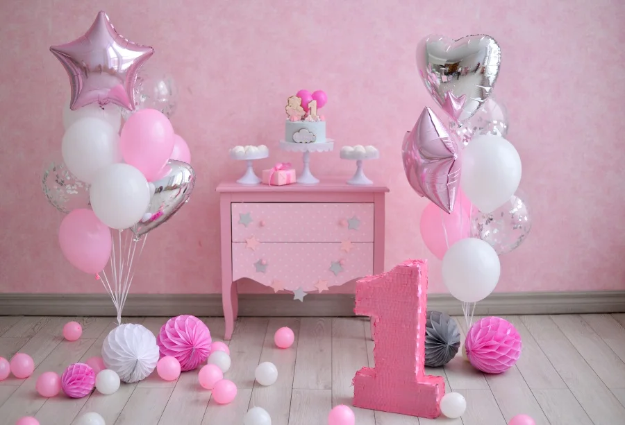 

Laeacco Baby 1st Birthday Colorful Balloons Flowers Desk Cake Photo Background Customized Photographic Backdrop For Photo Studio